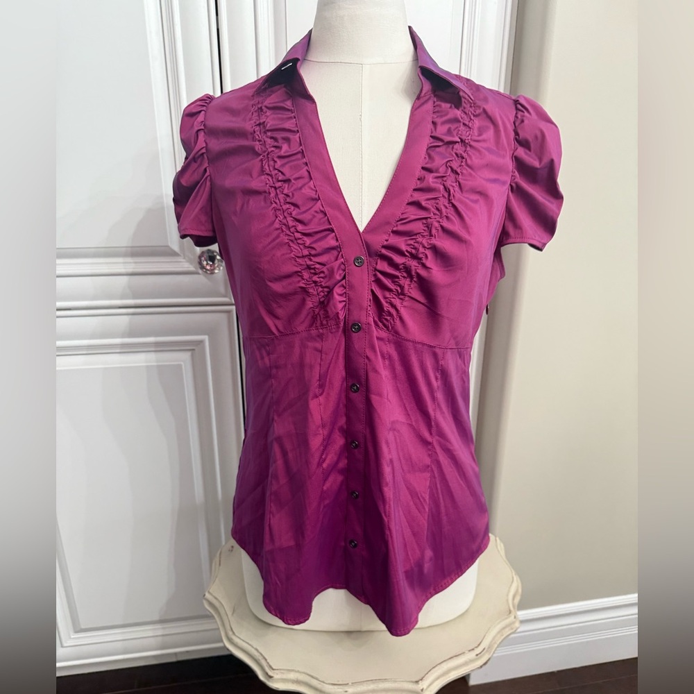 Express Sz Large Purple Short Puff Sleeve V-Neck Blouse Collar Ruching Side Zip